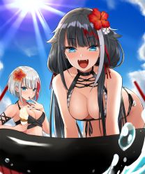 Rule 34 | 2girls, admiral graf spee (azur lane), alternate costume, azur lane, bikini, black bikini, black hair, blue eyes, blue sky, blush, breasts, cleavage, cloud, collarbone, commentary request, day, deutschland (azur lane), deutschland (service time?!) (azur lane), flower, food, hair flower, hair ornament, halterneck, highres, holding, holding food, ice cream, ice cream cone, kinokorec, large breasts, leaning forward, licking, licking finger, long hair, looking at viewer, medium breasts, multicolored hair, multiple girls, open mouth, outdoors, red hair, short hair, side-tie bikini bottom, sidelocks, silver hair, sky, smile, splashing, streaked hair, sun, sunlight, swimsuit, tongue, tongue out, very long hair