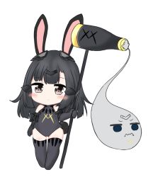 Rule 34 | 1girl, :&lt;, animal ears, bailingxiao jiu, bare shoulders, black gloves, black hair, black leotard, black thighhighs, brown eyes, character request, chibi, closed mouth, elbow gloves, closed eyes, full body, girls&#039; frontline, gloves, headgear, holding, kine, leotard, long hair, mallet, nyto (generic) (girls&#039; frontline), nyto (girls&#039; frontline), rabbit ears, simple background, solo, standing, thighhighs, white background