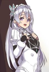 Rule 34 | 1girl, :d, backpack, bag, breasts, chaika trabant, dress, grey hair, hair between eyes, hands up, hitsugi no chaika, houtengeki, juliet sleeves, long hair, long sleeves, looking at viewer, open mouth, puffy sleeves, purple eyes, simple background, small breasts, smile, solo, teeth, upper teeth only, white background, white dress