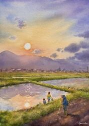 Rule 34 | 1girl, 2boys, building, cloud, cloudy sky, farm, farming, grass, highres, hoe, holding, holding hoe, holding watering can, house, mountain, mountainous horizon, multiple boys, ooy33151086, orange sky, original, power lines, reflection, reflective water, rice paddy, sky, sun, town, utility pole, water, watering can