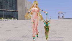 Rule 34 | 1girl, 3d, blonde hair, boots, breasts, concrete, custom maid 3d 2, elbow gloves, gloves, highres, holding, holding sword, holding weapon, large breasts, long hair, mythra (xenoblade), nervous, nintendo, nipples, nude, panties, plant, standing, swept bangs, sword, tears, thigh strap, tyrving, underwear, very long hair, weapon, window, xenoblade chronicles (series), xenoblade chronicles 2, yellow eyes