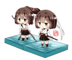 Rule 34 | 2girls, :d, artist name, black skirt, black socks, blush, brown eyes, brown hair, chibi, closed mouth, commentary request, faux figurine, full body, hachimaki, hair between eyes, hand on hilt, headband, highres, hyuuga (kancolle), ise (kancolle), japanese clothes, kantai collection, katana, kneehighs, long sleeves, multiple girls, nontraditional miko, open mouth, pleated skirt, ponytail, remodel (kantai collection), ribbon-trimmed sleeves, ribbon trim, sheath, short hair, simple background, skirt, smile, socks, sword, taisa (kari), undershirt, v-shaped eyebrows, weapon, white background, white headband, wide sleeves, yumi (bow)