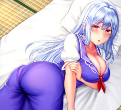 Rule 34 | 1girl, ass, bed, blue dress, blue hair, blush, breasts, cleavage, dress, from behind, huge ass, kamishirasawa keine, large breasts, long hair, looking at viewer, lying, mimasi osuwari, on stomach, open mouth, pantylines, parted lips, pillow, red eyes, shiny skin, solo, touhou