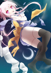 Rule 34 | 1girl, bad id, bad pixiv id, blue dress, blue skirt, blush, bow, breasts, crescent moon, dress, hair ribbon, highres, long hair, magical girl, microskirt, midriff, moon, oouso, open mouth, original, panties, pink eyes, pink hair, pink panties, pleated skirt, ribbon, sideboob, skirt, sky, small breasts, solo, star (sky), thighhighs, torn clothes, twintails, underwear, upskirt