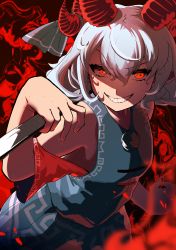 Rule 34 | 1girl, curled horns, grin, highres, horns, looking at viewer, meandros, red eyes, red horns, red sleeves, sharp teeth, short hair, smile, solo, teeth, touhou, toutetsu yuuma, upper body, urizaku3, v-shaped eyebrows, white hair