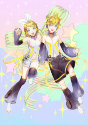 Rule 34 | 1boy, 1girl, :d, bad id, bad pixiv id, bass clef, blonde hair, blue eyes, bow, brother and sister, clothing cutout, collar, detached sleeves, floating, hair bow, hair ornament, hair ribbon, hairclip, headphones, high collar, holding hands, kagamine len, kagamine rin, leg up, looking at viewer, md5 mismatch, naoko (naonocoto), navel, navel cutout, necktie, neon trim, open mouth, resolution mismatch, ribbon, see-through, short hair, shorts, siblings, sleeveless, smile, sparkle, sparkle background, star (symbol), swept bangs, treble clef, twins, vocaloid, waving, white shorts