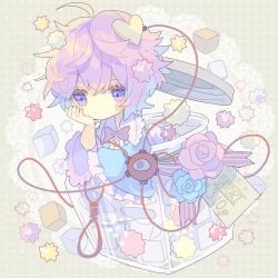 Rule 34 | 1girl, :|, ahoge, blouse, blue flower, blue rose, blue shirt, blush, bow, bowtie, buttons, candy, candy jar, chibi, closed mouth, commentary, expressionless, flower, food, frilled sleeves, frills, hair ornament, hand on own cheek, hand on own face, hand up, head rest, heart, heart button, heart hair ornament, highres, jitome, komeiji satori, long sleeves, looking afar, messy hair, nikorashi-ka, pink flower, pink rose, polka dot, polka dot background, purple bow, purple bowtie, purple eyes, purple hair, rose, shirt, short hair, simple background, solo, third eye, touhou, wide sleeves