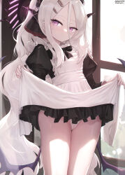 1girl absurdres alternate_costume apron artist_name black_dress black_ribbon blue_archive blush cameltoe closed_mouth clothes_lift commentary_request demon_girl demon_horns demon_wings dress dress_lift enmaided frilled_apron frills grey_hair hair_between_eyes hair_ornament hairclip halo highres hina_(blue_archive) horns juliet_sleeves lifting_own_clothes long_hair long_sleeves looking_at_viewer low_wings maid maid_apron multiple_horns neck_ribbon nekoya_(liu) panties puffy_sleeves purple_eyes ribbon sidelocks small_sweatdrop solo thighs twitter_username underwear very_long_hair white_panties wings