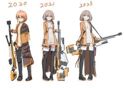 Rule 34 | 1girl, absurdres, alternate hair color, anti-materiel rifle, blue eyes, boots, brown hair, dated, gun, highres, jacket, looking at viewer, orange hair, orange jacket, original, progression, rifle, rivun, smile, sniper rifle, sweater, thigh boots, weapon, white sweater