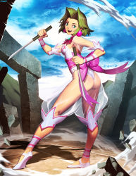 Rule 34 | 1girl, ankle cuffs, ass, bow, dagger, dual wielding, duplicate, earrings, ellis (toushinden), from behind, full body, genzoman, green eyes, green hair, holding, holding dagger, holding knife, holding weapon, jewelry, knife, leotard, looking back, matching hair/eyes, necklace, no socks, pink bow, reverse grip, ribbon, ruins, see-through, see-through sleeves, shoes, short hair, smile, solo, toushinden, underwear, weapon, white leotard, wrist cuffs