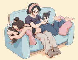 Rule 34 | 2girls, bandana, barefoot, black hair, book, bra, brown hair, cat, couch, couple, denim, glasses, hand on another&#039;s ass, heart, highres, jeans, lying on lap, m k, multiple girls, original, pants, pillow, reading, simple background, socks, topknot, underwear, yuri