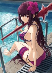 Rule 34 | 1girl, bare shoulders, bikini, breasts, butt crack, cleavage, duplicate, fate/grand order, fate (series), hair ornament, highres, holding, jewelry, kamo ashi, large breasts, long hair, looking at viewer, nail polish, official alternate costume, pool, purple hair, red eyes, scathach (fate), scathach (fate/grand order), scathach (swimsuit assassin) (fate), smile, solo, swimsuit, weapon
