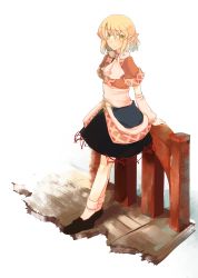Rule 34 | 1girl, arm warmers, atoki, blonde hair, female focus, green eyes, highres, leaning back, looking at viewer, mizuhashi parsee, pointy ears, sash, scarf, shirt, short hair, short sleeves, skirt, smile, solo, standing, touhou