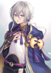 Rule 34 | 1boy, androgynous, armor, bad id, bad pixiv id, blue eyes, chinese armor, chinese clothes, commentary, coyucom, fate/grand order, fate (series), fingerless gloves, gloves, hair between eyes, hand on own chest, highres, looking at viewer, male focus, open mouth, prince of lan ling (fate), shirt, short hair, silver hair, smile, solo, white shirt