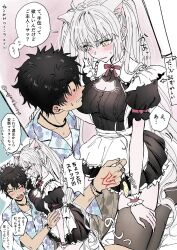 Rule 34 | 1boy, 1girl, alternate costume, alternate hairstyle, animal ears, apron, black dress, black hair, black thighhighs, blue shirt, blush, breasts, cat ears, chips (food), comic, command spell, commentary request, dress, enmaided, fate/grand order, fate (series), food, fujimaru ritsuka (male), fujimaru ritsuka (male) (tropical summer), grey hair, hawaiian shirt, highres, jeanne d&#039;arc alter (fate), large breasts, long hair, maid, neck ribbon, omizu (omz), pink ribbon, potato chips, ribbon, shirt, short sleeves, speech bubble, sweatdrop, thighhighs, translation request, twintails, twitter username, very long hair, waist apron, white apron, zettai ryouiki