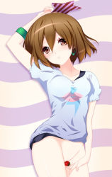 Rule 34 | 1girl, bluetheater, bottomless, brown eyes, brown hair, censored, earrings, food, fruit, hirasawa yui, jewelry, k-on!, listen!!, lying, md5 mismatch, no panties, pussy, resolution mismatch, solo, source smaller, star (symbol), strawberry, uncensored