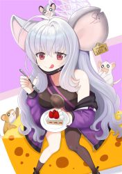 Rule 34 | 1girl, :p, animal, animal ears, animal on head, blue archive, breasts, cake, casual, cheese, closed mouth, ear tag, food, grey hair, halo, highres, jacket, looking at viewer, mask, medium breasts, mouse (animal), mouse ears, mouse tail, mouth mask, nezusuke (blue archive), on head, plate, red eyes, saya (blue archive), saya (casual) (blue archive), shorts, simple background, solo, tail, tennorikurenai, tongue, tongue out
