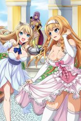 Rule 34 | 3girls, armor, armored boots, bikini armor, blonde hair, blue eyes, blue sky, boots, braid, breasts, cape, center opening, circlet, claudette (queen&#039;s blade), claudette (queen&#039;s blade unlimited), cleavage, clothes lift, collarbone, curvy, day, detached sleeves, dress, dress lift, elbow gloves, elina (queen&#039;s blade), elina (queen's blade), flower, frills, garden, gloves, gown, green eyes, hair ornament, happy, headband, headgear, jewelry, large breasts, leina (queen&#039;s blade), leina (queen&#039;s blade unlimited), long hair, looking at viewer, multiple girls, necklace, official art, panties, pantyshot, pink dress, princess, purple eyes, purple hair, queen&#039;s blade, queen&#039;s blade unlimited, queen&#039;s blade white triangle, shadow tracker elina, siblings, sidelocks, sisters, sky, standing, thigh boots, thighhighs, twin braids, underwear, white dress, white gloves, white legwear, white panties