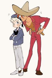 Rule 34 | 2boys, belt, black bow, black eyes, black footwear, blue hat, blue sailor collar, blue shirt, blush stickers, bow, bright pupils, brown belt, brown hat, brown shirt, collarbone, crossed arms, donald duck, full body, hat, height difference, highres, holster, humanization, jacket, leaning forward, male focus, mexican clothes, multiple boys, panchito pistoles, pants, pectoral cleavage, pectorals, red hat, red jacket, sailor, sailor collar, shirt, short hair, skirt, sombrero, the three caballeros, uochandayo, white hair, white pants, white pupils, white skirt