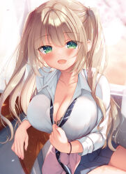 Rule 34 | 1girl, blush, breasts, cardigan, cardigan around waist, chair, cleavage, clothes around waist, collarbone, collared shirt, commentary request, copyright request, day, green eyes, grey skirt, large breasts, light brown hair, long hair, long sleeves, looking at viewer, miniskirt, nail polish, necktie, open mouth, pink cardigan, pink nails, pleated skirt, sazaki ichiri, school chair, school uniform, shirt, sitting, skirt, sleeves rolled up, smile, solo, sunlight, twintails, two side up, white shirt, wristband