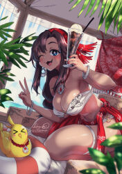 Rule 34 | &gt; &lt;, 1girl, ;3, artist name, asymmetrical bangs, bikini, bird, blue eyes, bracelet, breasts, brown hair, cleavage, cup, dated, drink, drinking glass, drinking straw, gypsy, headband, highres, holding, holding cup, iced coffee, jewelry, large breasts, leaning forward, nail polish, navel, necklace, nekoguchi, o-ring, o-ring bikini, one eye closed, original, palm leaf, red headband, red nails, shade, shiny skin, signature, sitting, skindentation, solo, stomach, strapless, strapless bikini, swimsuit, thick thighs, thighs, twitter username, v, wariza, yellow bird