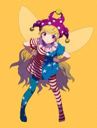 Rule 34 | 1girl, :t, american flag dress, american flag legwear, arm up, banned artist, blonde hair, blush, clownpiece, commentary request, dress, eyelashes, fairy wings, full body, hands on own hips, harano, hat, jester cap, long hair, looking at viewer, moon, neck ruff, open mouth, pantyhose, pink hat, polka dot, pout, purple eyes, short dress, short sleeves, simple background, smile, solo, standing, star-shaped pupils, star (symbol), star print, striped, symbol-shaped pupils, touhou, very long hair, wings, yellow background