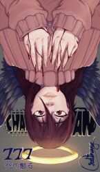 Rule 34 | 0rdinaryguy, 1girl, angel devil (chainsaw man), chainsaw man, copyright name, halo, red eyes, red hair, ribbed sweater, simple background, sweater, upside-down, wings