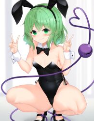 Rule 34 | 1girl, animal ears, black bow, black bowtie, black footwear, black leotard, bow, bowtie, breasts, cleavage, closed mouth, daichi (tokoya), detached collar, double v, full body, green eyes, green hair, heart, heart of string, highres, komeiji koishi, leotard, looking at viewer, playboy bunny, rabbit ears, short hair, small breasts, smile, solo, squatting, third eye, touhou, v, wrist cuffs