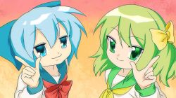 Rule 34 | 2022, 2girls, blue eyes, bow, cirno, commentary, daiyousei, english commentary, green eyes, green hair, hair bow, long sleeves, lucky star, multiple girls, one side up, parody, raised eyebrows, scanlines, school uniform, serafuku, signature, skullchimes, style parody, touhou