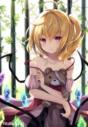 Rule 34 | 1girl, absurdres, ahoge, bare shoulders, blonde hair, brown dress, collarbone, commentary request, crystal, hugging doll, dress, flandre scarlet, glint, highres, hyurasan, iron bars, jewelry, leaf, looking at viewer, medium hair, necklace, hugging object, off shoulder, one side up, parted lips, plant, red eyes, solo, spaghetti strap, strap slip, stuffed animal, stuffed toy, teddy bear, touhou, upper body, vines, wings