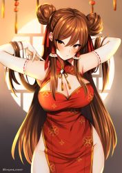 Rule 34 | 1girl, alternate costume, alternate hairstyle, arms up, artist name, blush, breasts, brown background, brown eyes, brown hair, china dress, chinese clothes, cleavage, commentary request, covered navel, cowboy shot, double bun, dress, elbow gloves, gloves, gradient background, groin, hair between eyes, hair bun, hair ribbon, hair tubes, hakurei reimu, head tilt, large breasts, long hair, looking at viewer, marota, partial commentary, pelvic curtain, red dress, red ribbon, ribbon, sidelocks, sleeveless, sleeveless dress, solo, standing, touhou, twitter username, very long hair, white gloves, yin yang