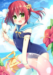 Rule 34 | 1girl, :d, blue one-piece swimsuit, blue sailor collar, blue sky, blush, cloud, covered navel, day, dutch angle, fang, flower, food, green eyes, hair between eyes, hair flower, hair ornament, hanamiya natsuka, holding, holding food, holding swim ring, horizon, ice cream, innertube, long hair, looking at viewer, old school swimsuit, one-piece swimsuit, open mouth, original, outdoors, pink innertube, red eyes, red flower, sailor collar, school swimsuit, sexually suggestive, sky, smile, solo, strap slip, swim ring, swimsuit, thighhighs, transparent, twintails, white thighhighs, yellow flower