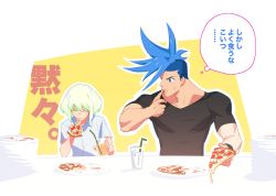 Rule 34 | 2boys, black shirt, blue eyes, blue hair, cup, drinking glass, drinking straw, eating, closed eyes, food, galo thymos, green hair, haiki (tegusu), highres, lio fotia, looking at another, male focus, multiple boys, outline, pizza, plate, plate stack, promare, shirt, sidelocks, sitting, t-shirt, white outline, white shirt