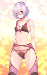 Rule 34 | 1girl, alternate costume, bare arms, bare shoulders, black-framed eyewear, blush, bow, bow bra, bow panties, bra, breasts, collarbone, commentary request, fate/grand order, fate (series), garter belt, garter straps, glasses, gradient background, hair over one eye, lingerie, looking at viewer, mash kyrielight, navel, panties, parted lips, pink hair, purple eyes, shiny skin, short hair, simple background, small breasts, solo, stomach, thighhighs, underwear, zucchini