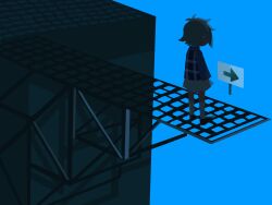 Rule 34 | 1girl, antenna hair, arms at sides, arrow (symbol), blue background, building, catwalk (walkway), commentary request, facing away, floating, floating object, from behind, high contrast, highres, kneehighs, long sleeves, plaid, plaid vest, purple sweater, purple vest, rooftop, shoes, short hair, sign, simple background, skirt, socks, solo, standing, suyazzz (soyoyon), sweater, tile roof, turtleneck, turtleneck sweater, urotsuki, vest, white skirt, wide shot, yume 2kki