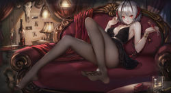Rule 34 | 1girl, absurdres, alcohol, antenna hair, arknights, backless dress, backless outfit, bare arms, bare shoulders, black legwear, bottle, breasts, couch, cup, demon horns, dress, drinking glass, evanyi, evening gown, feet, formal, gown, highres, horns, huge filesize, jewelry, looking at viewer, no bra, short hair, silver hair, soles, solo, w (arknights), wine, wine bottle, wine glass, wristband