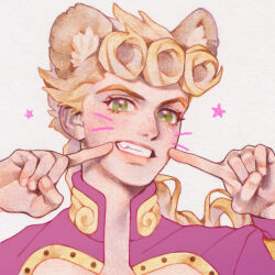 Rule 34 | 1boy, animal ears, blonde hair, cat ears, chakanyuantu, giorno giovanna, green eyes, highres, index finger raised, jojo no kimyou na bouken, long hair, looking at viewer, parted lips, portrait, simple background, smile, solo, star (symbol), vento aureo, white background