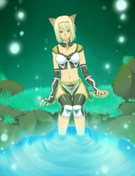 Rule 34 | 00s, 1girl, animal ears, bad id, bad pixiv id, blonde hair, blue eyes, cat ears, cat girl, cat tail, clola96, collarbone, commentary, elbow gloves, female focus, final fantasy, final fantasy xi, fingerless gloves, gloves, grass, headband, light, midriff, mithra (ff11), nature, navel, outdoors, short hair, sitting, soaking feet, solo, tail, translation request, water