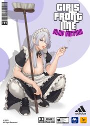 Rule 34 | 1girl, adidas, ak-15 (girls&#039; frontline), alternate costume, apron, black dress, black footwear, broom, cigarette, dress, enmaided, frilled apron, frills, girls&#039; frontline, grand theft auto, grey hair, hair over one eye, highres, holding, holding cigarette, j adsen, long hair, maid, maid apron, maid headdress, pantyhose, parody, puffy short sleeves, puffy sleeves, purple eyes, shoes, short sleeves, slav squatting, smoking, sneakers, squatting, waist apron, white apron, white pantyhose