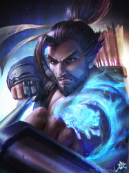 Rule 34 | 1boy, arrow (projectile), beard, black hair, bow (weapon), chromatic aberration, clenched teeth, drawing bow, facial hair, gloves, glowing, gothic q, hanzo (overwatch), highres, holding, holding bow (weapon), holding weapon, japanese clothes, long hair, looking at viewer, male focus, overwatch, overwatch 1, ponytail, qichao wang, quiver, solo, tattoo, teeth, watermark, weapon, web address
