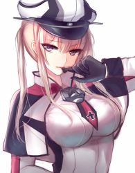 Rule 34 | 10s, 1girl, anchor, bad id, bad pixiv id, black gloves, blonde hair, blue eyes, breasts, capelet, cross, gloves, graf zeppelin (kancolle), hair between eyes, hat, impossible clothes, kantai collection, large breasts, long hair, looking at viewer, meaomao, necktie, peaked cap, sidelocks, simple background, solo, twintails, uniform, white background