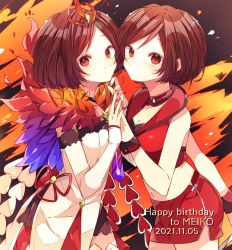 Rule 34 | 2girls, bare arms, black background, brown hair, character name, choker, closed mouth, commentary, crop top, dated, dot mouth, dress, dual persona, feathers, fire, happy birthday, highres, holding hands, kaho 0102, magical mirai (vocaloid), magical mirai meiko, meiko (vocaloid), meiko (vocaloid3), midriff, miniskirt, multiple girls, nail polish, navel, palms together, red eyes, red nails, red shirt, red skirt, shirt, short hair, skirt, smile, vocaloid, white dress, white sleeves, wrist cuffs