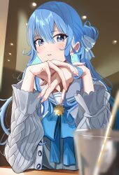 Rule 34 | 1girl, absurdres, blue bow, blue eyes, blue hair, blurry, bow, cardigan, casual, depth of field, earrings, foreshortening, hair between eyes, hair bun, highres, hololive, hoshimachi suisei, hoshimachi suisei (school uniform), jewelry, long hair, looking at viewer, manjirou (manji illust), nail polish, own hands together, parted lips, pink nails, sailor collar, school uniform, serafuku, solo, star (symbol), star in eye, symbol in eye, upper body, virtual youtuber