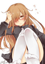 Rule 34 | 10s, 1girl, 2014, akit (15jamjam), bad id, bad pixiv id, brown eyes, brown hair, dated, glasses, hair over one eye, kantai collection, long hair, mochizuki (kancolle), thighhighs, uniform