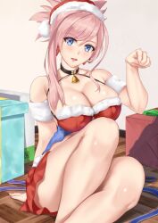 Rule 34 | 1girl, absurdres, asymmetrical hair, bare legs, bare shoulders, bell, black choker, blue eyes, box, breasts, choker, cleavage, clenched hand, crop top, fate/grand order, fate (series), hand up, hat, highres, jingle bell, knees up, large breasts, looking at viewer, miniskirt, miyamoto musashi (fate), neck bell, on floor, parted lips, paw pose, pink hair, pom pom (clothes), red skirt, ryouya, santa hat, short ponytail, sitting, skirt, solo, teeth, thighs, upper teeth only