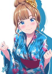 Rule 34 | 1girl, astil be, blue eyes, blush, brown hair, clenched hands, commentary request, flower, hair bun, hair flower, hair ornament, highres, japanese clothes, kimono, looking at viewer, obi, real life, saitou shuka, sash, shadow, signature, single hair bun, smile, solo, upper body, white background