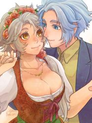 Rule 34 | 1boy, 1girl, blush, breasts, brown eyes, cleavage, closed mouth, dissidia final fantasy, earrings, final fantasy, final fantasy ii, flower, firion, genderswap, genderswap (mtf), hair flower, hair ornament, jewelry, long hair, payu (pyms11), smile, warrior of light (ff1), white hair