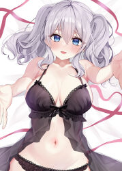 Rule 34 | 1girl, absurdres, black panties, blue eyes, blush, breasts, collarbone, grey hair, groin, hair between eyes, highres, kantai collection, kashima (kancolle), large breasts, long hair, navel, open mouth, panties, solo, twintails, underwear, underwear only, upper body, white background, yoshino (mfmfpng)