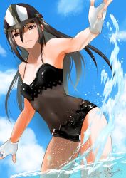 Rule 34 | 1girl, black hair, black one-piece swimsuit, cloud, commentary request, covered navel, dated, day, fingerless gloves, gloves, hair between eyes, hat, highres, long hair, looking at viewer, morag ladair (obligatory leave) (xenoblade), morag ladair (xenoblade), nayuta-kanata, one-piece swimsuit, partially submerged, signature, sky, smile, solo, splashing, swimsuit, water, white gloves, xenoblade chronicles (series), xenoblade chronicles 2