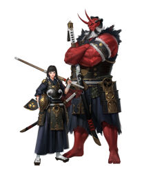 Rule 34 | 1boy, 1girl, armor, armored dress, black gloves, black hair, black hairband, blush, bokken, bougu, colored skin, father and daughter, gloves, hairband, height difference, highres, holding, holding sword, holding weapon, horns, ilsu jang, japanese armor, japanese clothes, katana, kendo, kendo mask, kendo sword, kimono, koshirae, kote, lips, md5 mismatch, multicolored eyes, oni, oni horns, ootachi, original, red eyes, red skin, resolution mismatch, scar, short hair, source larger, suneate, sword, weapon, wooden sword